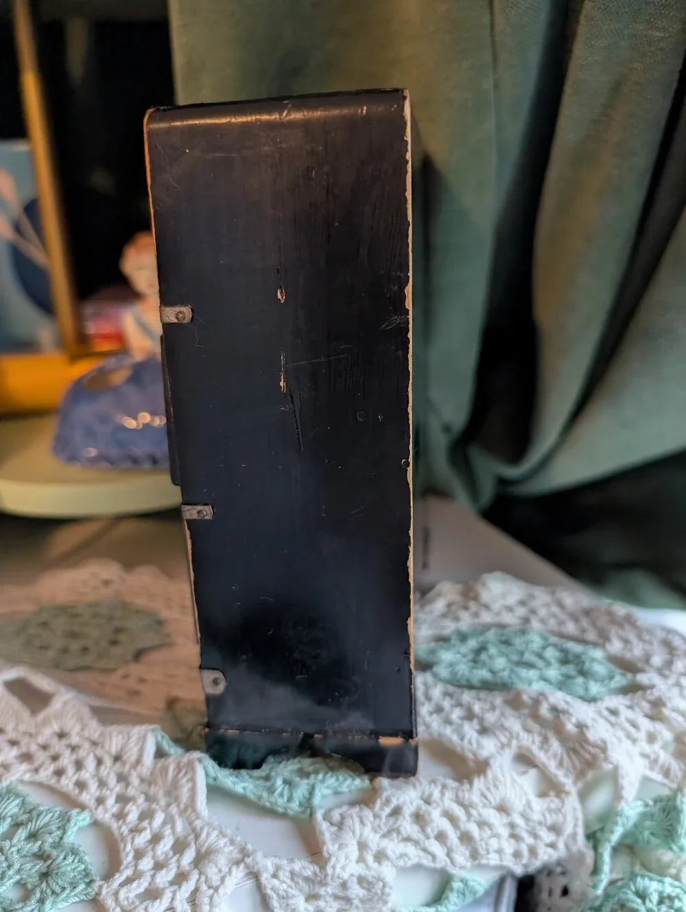 Vintage Japan Miniature Black Wood Ornate Floral Storage Chest Trinket Box